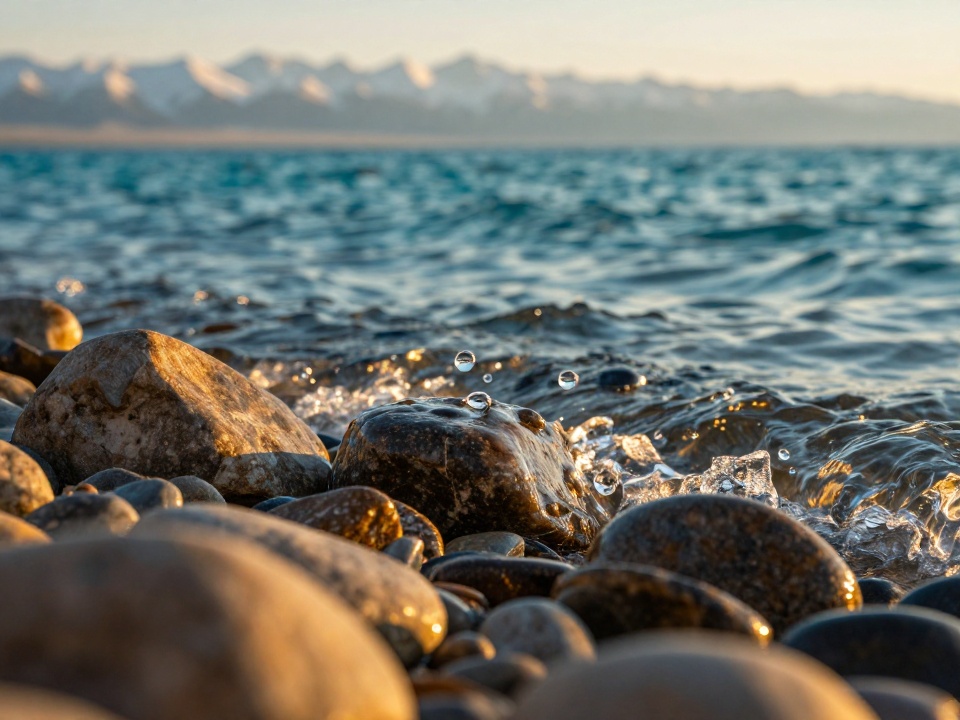 Крупный план кристально чистой воды озера Иссык-Куль на золотом закате с отражением горных вершин в каплях воды