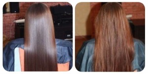 На фото представлений ефект до і після використання желатинового ламінування волосся: