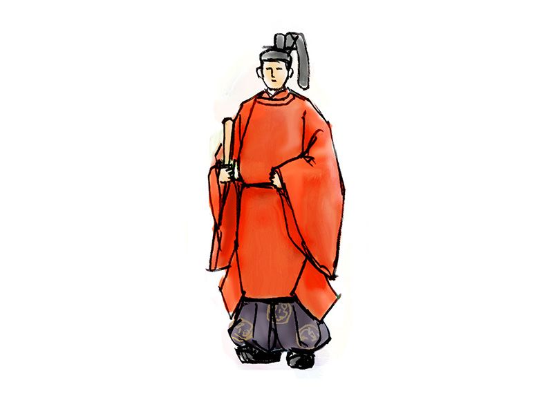 Офіційне одягання священика (вищий ступінь другого рангу, другий ранг) Вбрання хо червоне, у вищій мірі другого рангу хакама з фіолетовими нитками і герби-гліцинії, у другого рангу - з фіолетовими нитками і без гербів